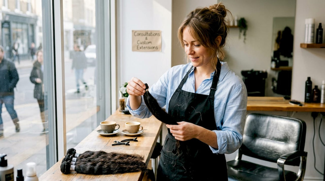 Hairstylist inspecting Indian hair extensions