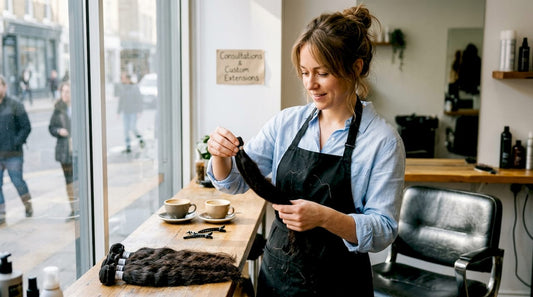 Hairstylist inspecting Indian hair extensions