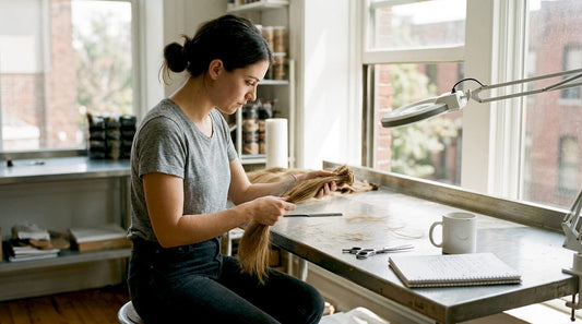 Technician examining bundle of virgin hair extensions