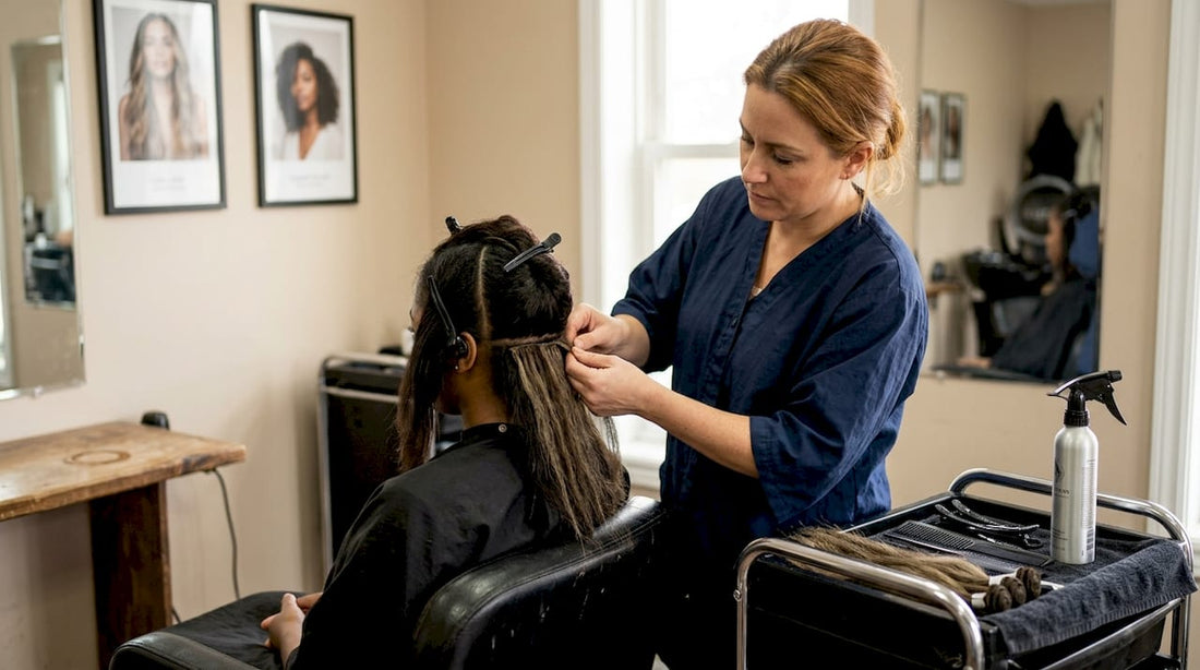 Hairstylist applying raw hair extensions in studio