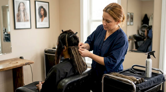 Hairstylist applying raw hair extensions in studio