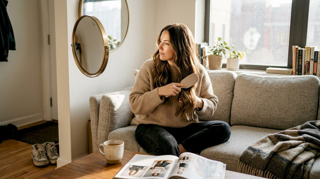 Woman brushing hair extensions at home