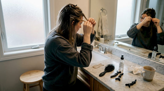 Woman preparing tape-in hair extensions at home