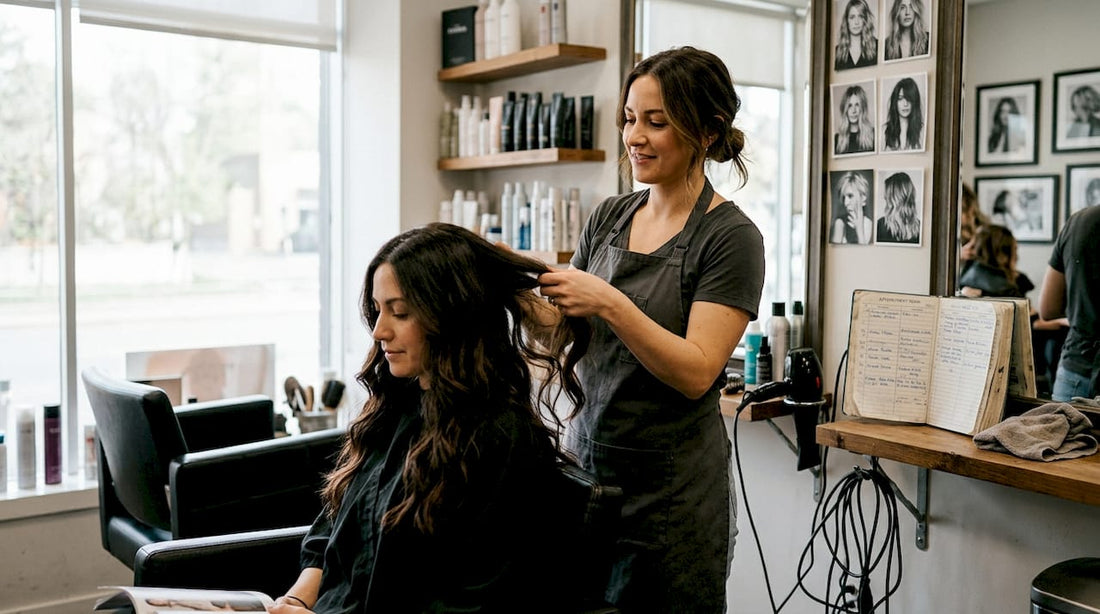 Salon stylist examines hair extensions with client