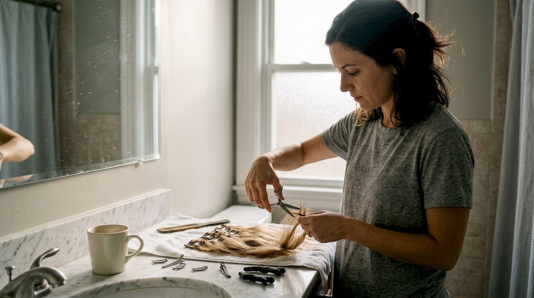 Woman trims hair extensions in home bathroom