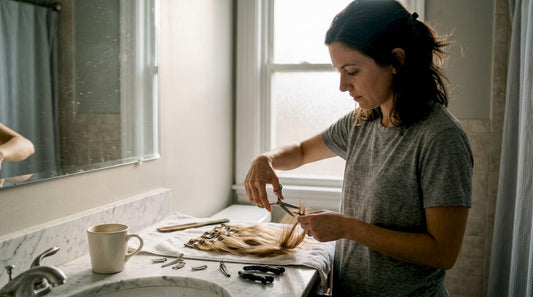 Woman trims hair extensions in home bathroom