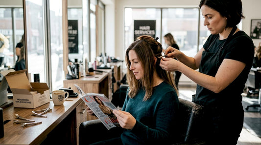 Stylist applying tape-in extensions in salon chair