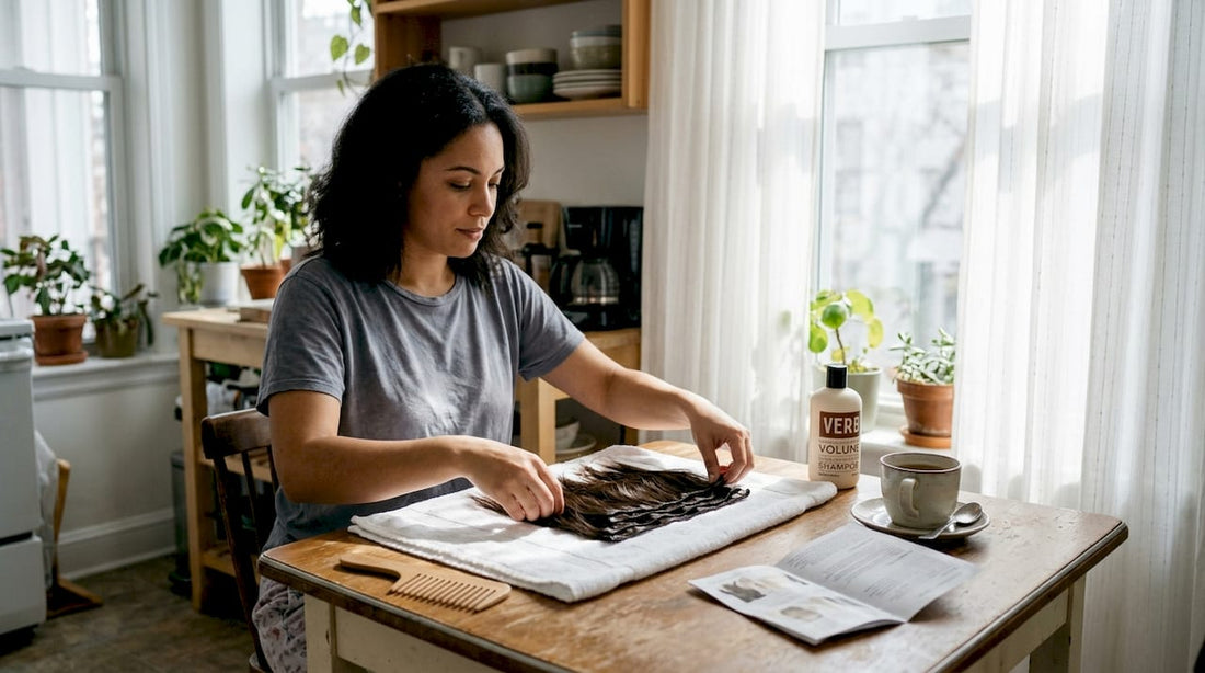 Woman arranging hair extensions on kitchen table