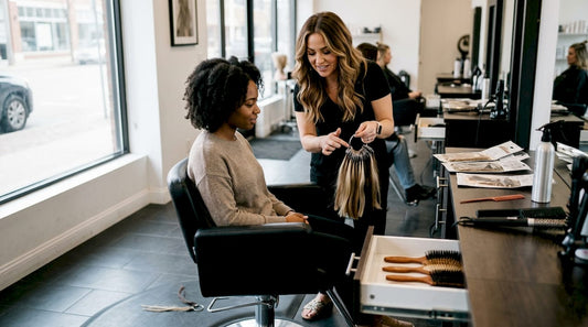 Salon client discussing extension options with stylist