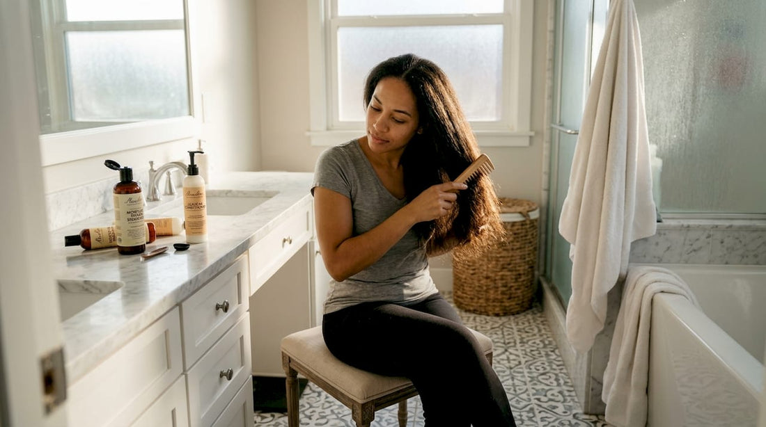 Woman gently combing natural untreated hair
