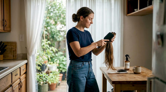 Woman brushing raw human hair extensions kitchen