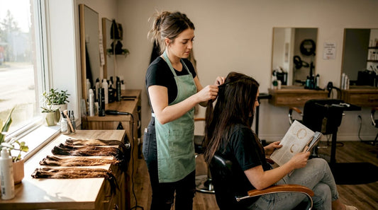 Stylist adjusting natural-looking hair extensions