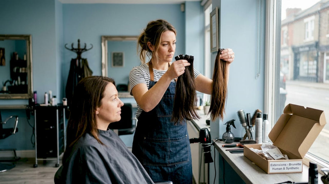 Hair stylist comparing human and synthetic extensions