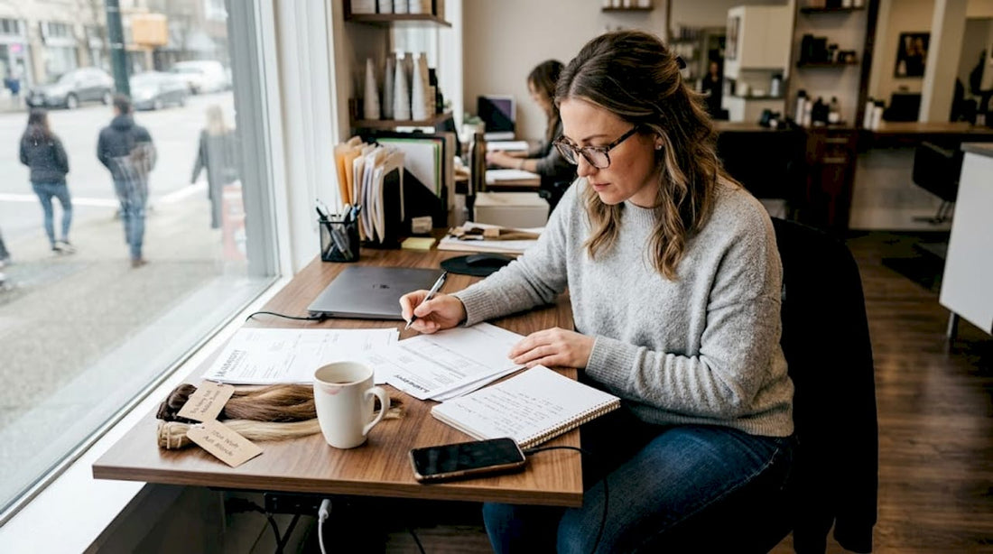 Salon manager reviewing hair sourcing documents
