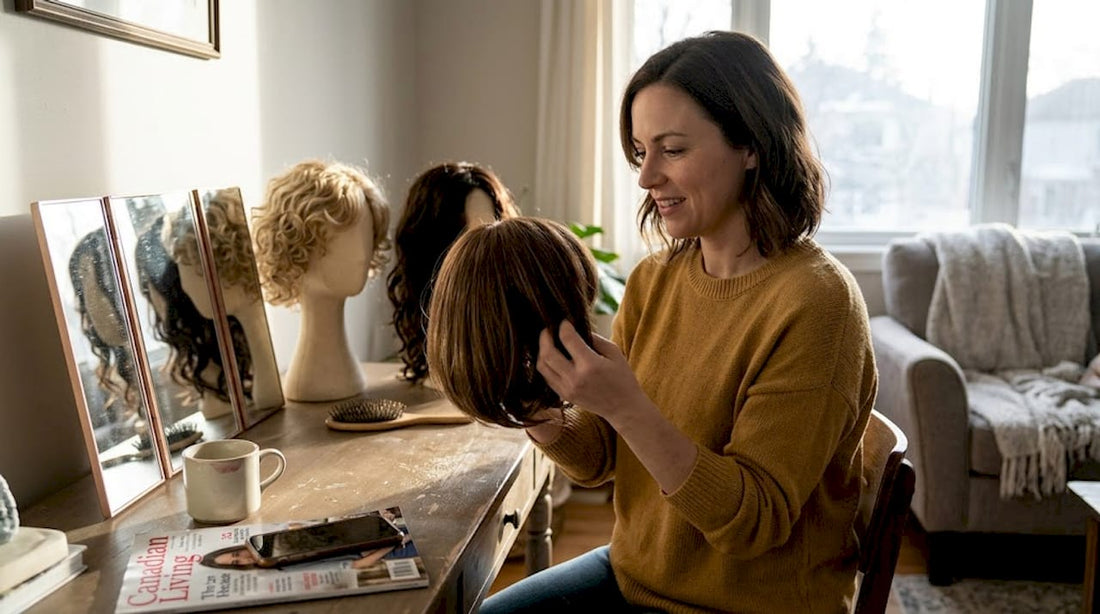 Woman examining natural wig at home vanity