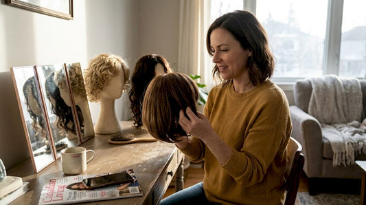 Woman examining natural wig at home vanity