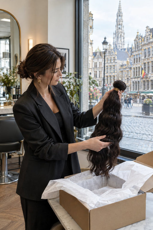 Brussels salon stylist inspecting a raw Indian wavy hair bundle from a shipping box