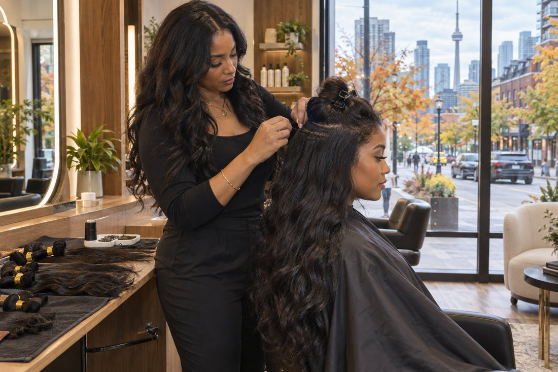 Toronto hairstylist installing human hair extensions in a modern salon