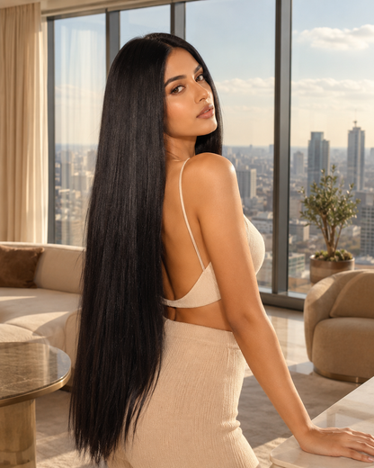 Indian Remy hair extensions by Gaurash Beauty Supply, natural black/brown nano ring hair extensions with a long-lasting style.