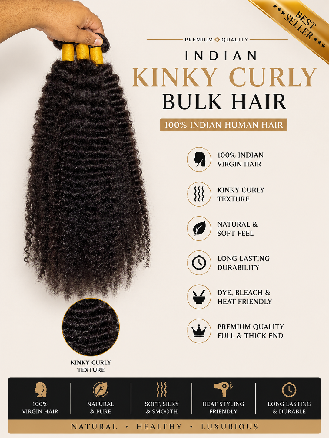 Indian kinky curly virgin human hair bundles in 100g from Gaurash Beauty Supply, showing tightly coiled natural hair texture.