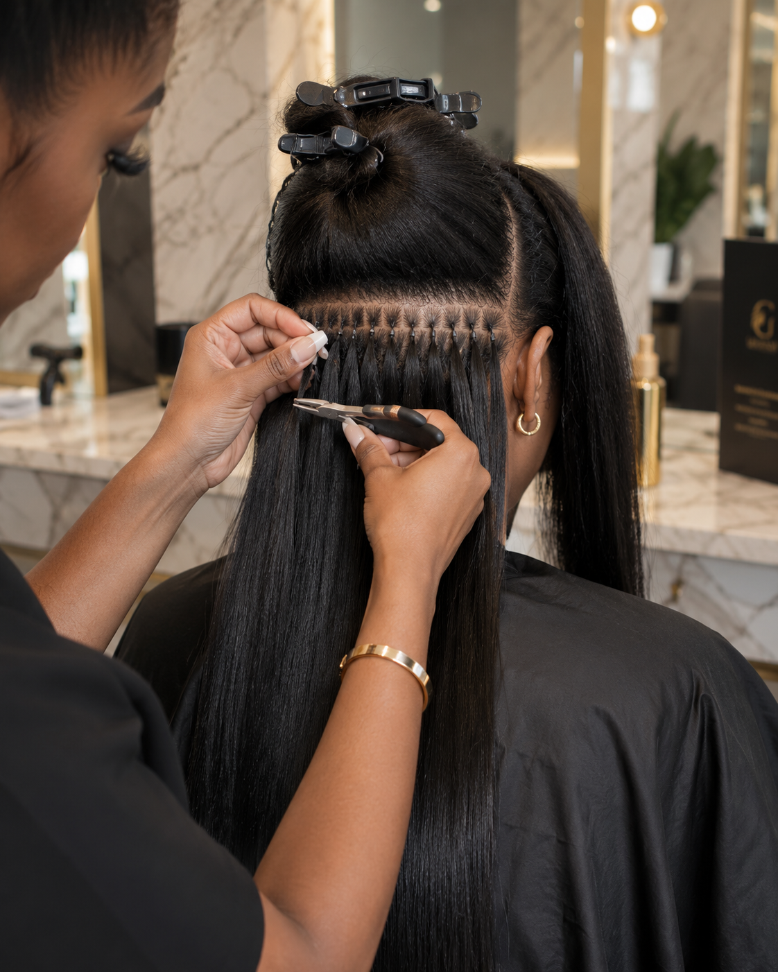 Indian Remy hair extensions with nano rings in natural black and brown, long-lasting, by Gaurash Beauty Supply.