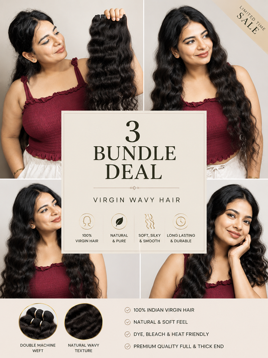 Virgin Indian wavy human hair bundles by Gaurash Beauty Supply for sew-in and wig making, showing lush, wavy hair bundles.