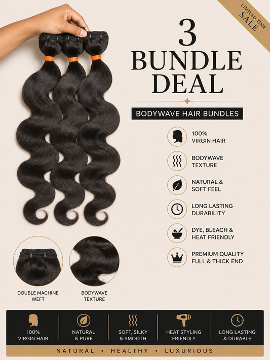 Three bundles of Indian Virgin Bodywave Hair extensions from Gaurash Beauty Supply Inc, showcasing silky, natural wave texture.