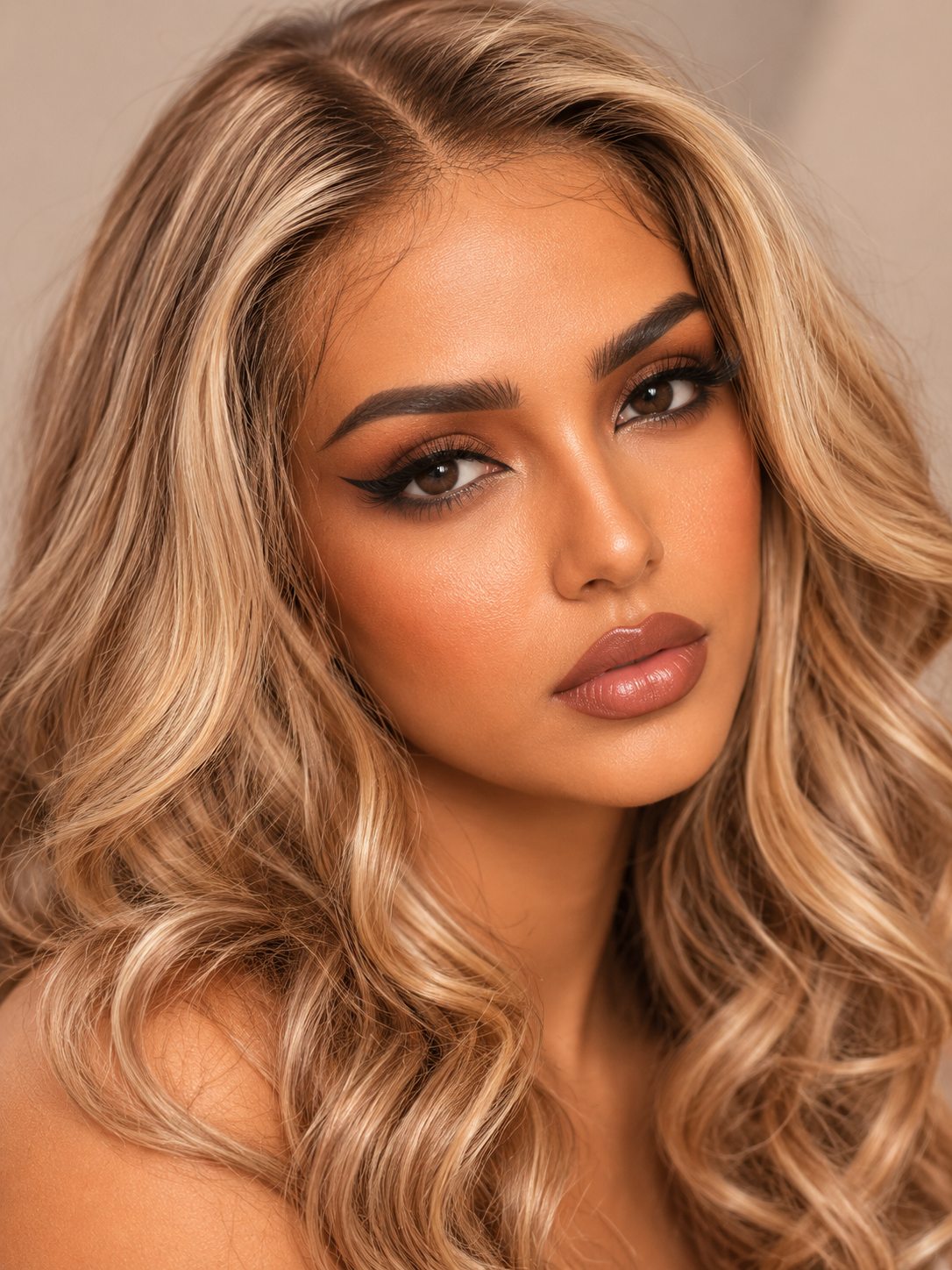 Luxury blonde balayage lace front wig by Gaurash Beauty Supply, raw human hair, curly style with natural-looking waves.