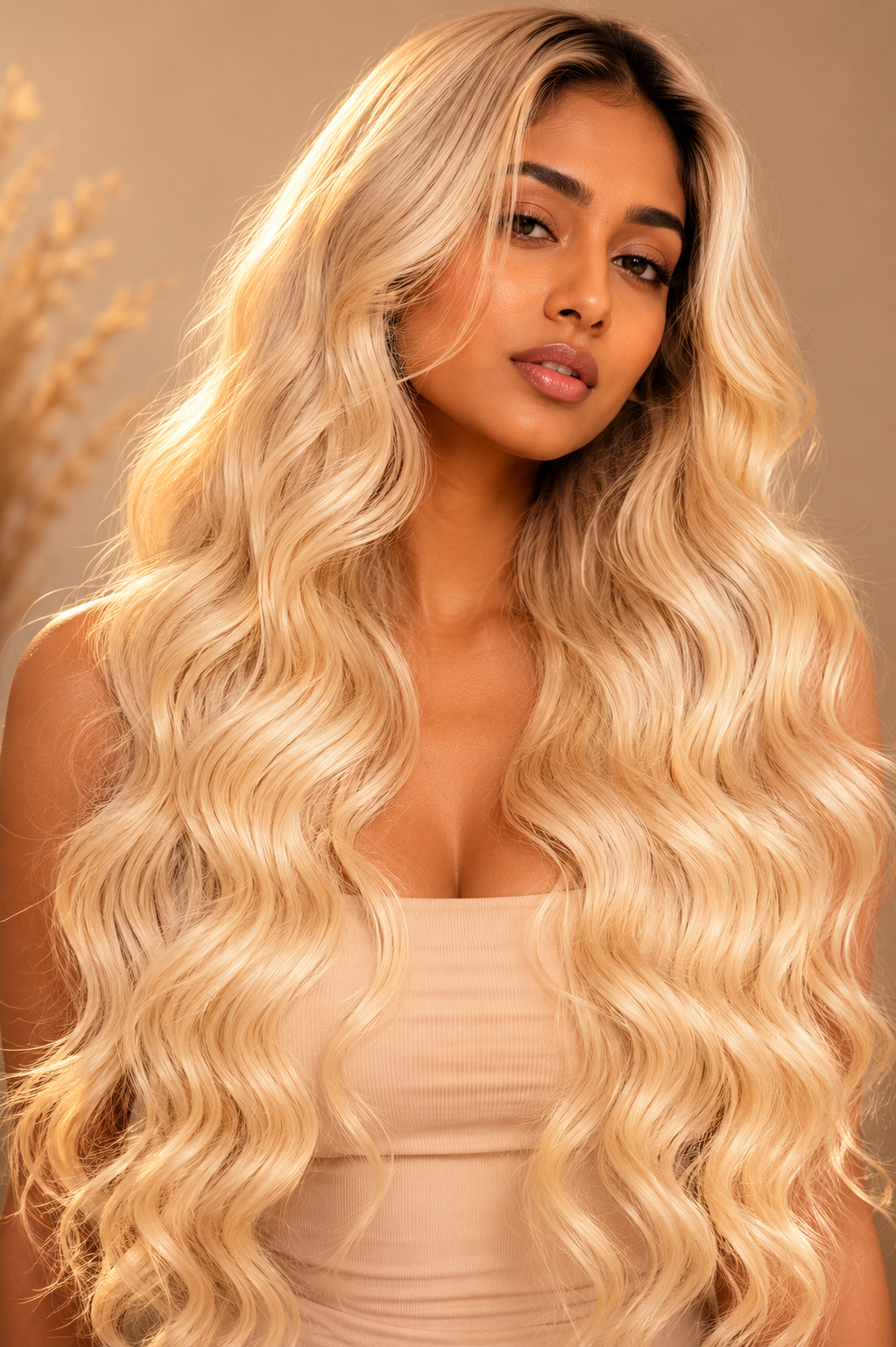 Indian raw 613 blonde hair extensions by Gaurash Beauty Supply Inc, showing wefted hair with a bright blonde color and natural texture.