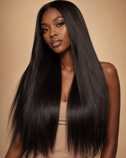 Indian raw straight hair bundles from Gaurash Beauty Supply Inc, showing silky, natural straight hair extensions with a smooth texture.