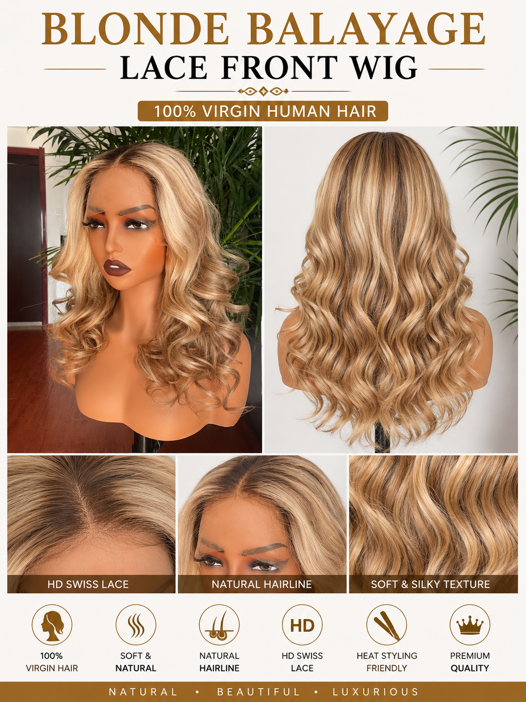 Gaurash Beauty Supply luxury blonde balayage lace front wig with curly raw human hair, natural and voluminous hairstyle
