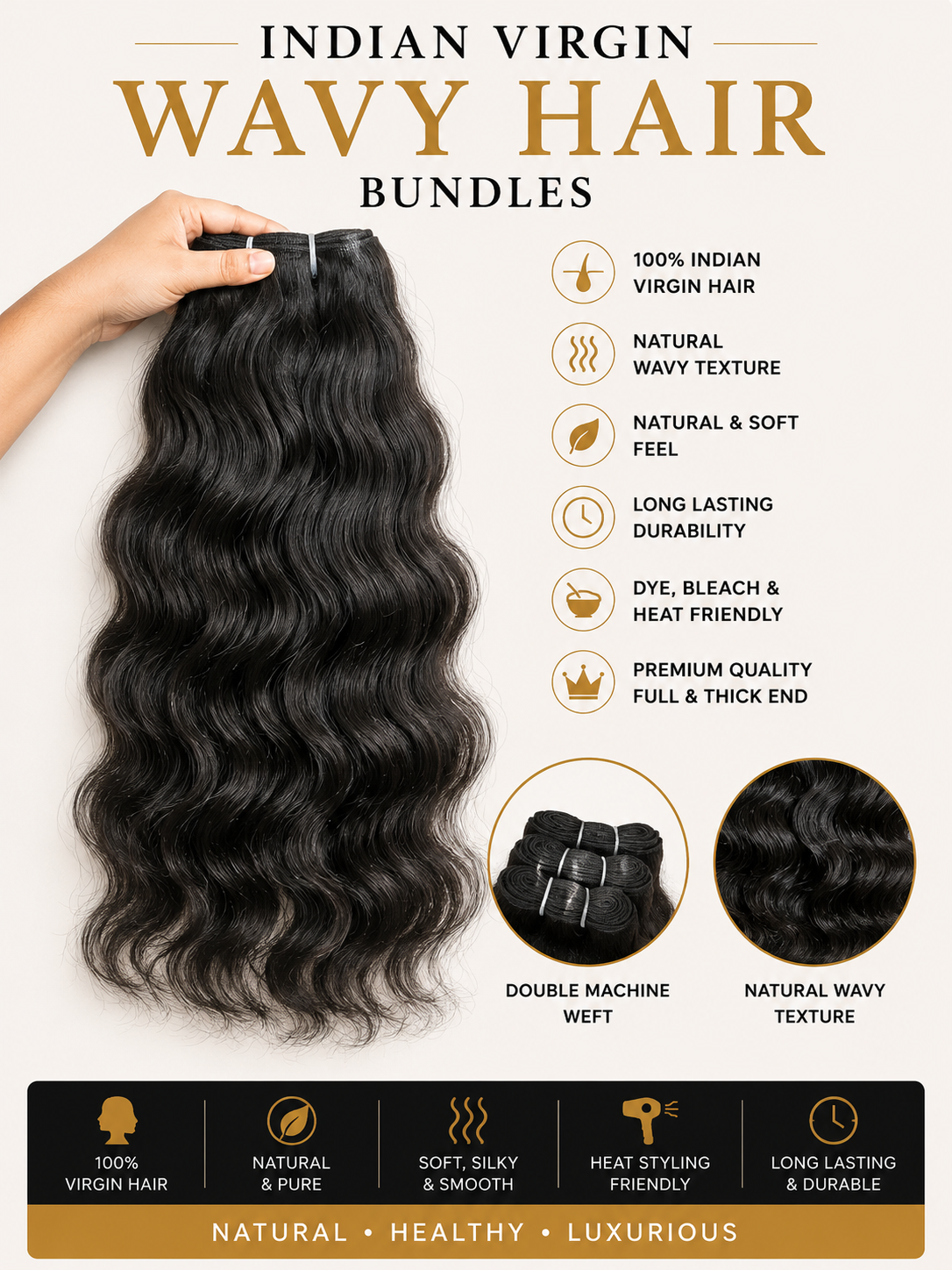 Virgin Wavy Human Hair Bundle: Natural Black/Brown, Ethically Sourced