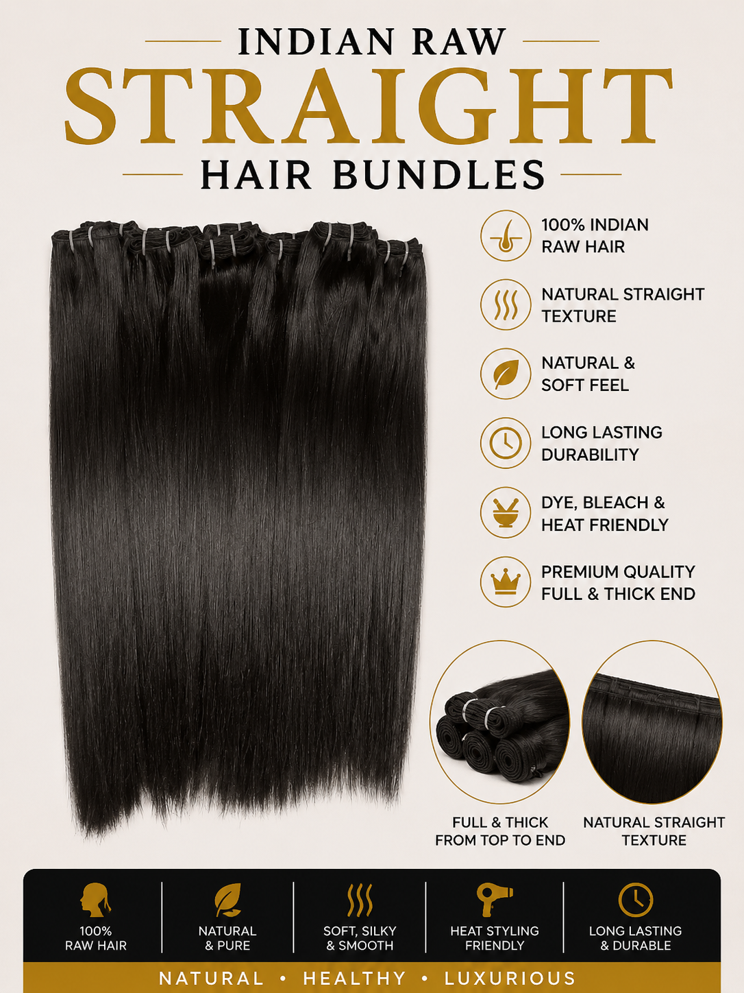 Dark Indian raw straight hair bundles with full, thick weft bundles
