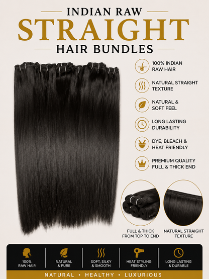 Dark Indian raw straight hair bundles with full, thick weft bundles