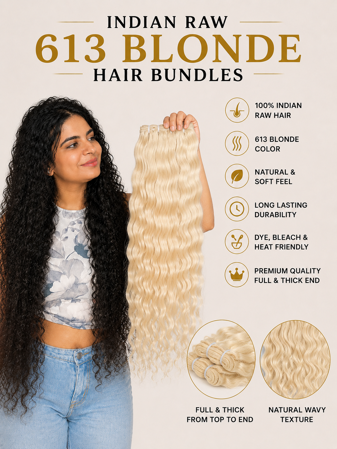 Indian raw 613 blonde hair extensions by Gaurash Beauty Supply Inc, showing wefted blonde hair strands.