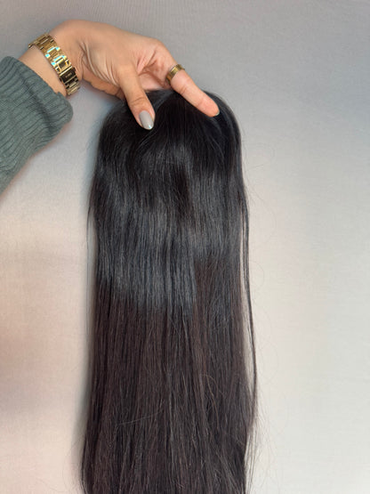 Indian hair topper for hair loss from Gaurash Beauty Supply Inc, showing natural hair coverage and hair attachment details.