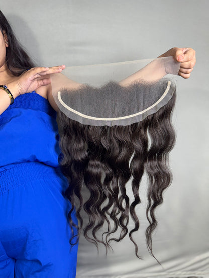 Indian virgin hair frontal extensions from Gaurash Beauty Supply Inc, showing the natural hairline and silky texture.