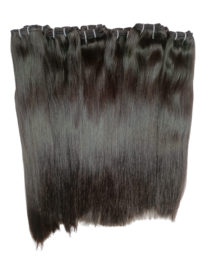 Indian virgin straight hair extension bundles by Gaurash Beauty Supply Inc, showing smooth, straight hair bundles with natural shine.