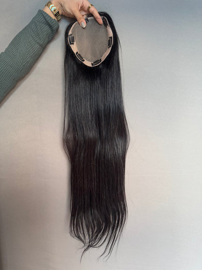 Indian hair topper for hair loss by Gaurash Beauty Supply Inc showing natural hair strands and seamless attachment for thinning hair.