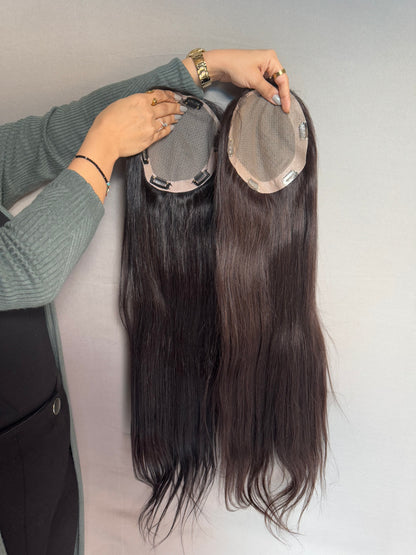 Indian hair topper for hair loss from Gaurash Beauty Supply Inc, showing natural hair volume and coverage for thinning areas.