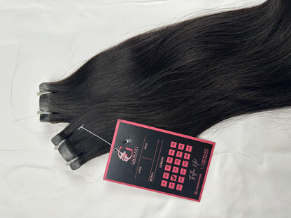 Indian Virgin Straight Tape-In Hair extensions by Gaurash Beauty Supply Inc, showing long, sleek, straight hair extensions.