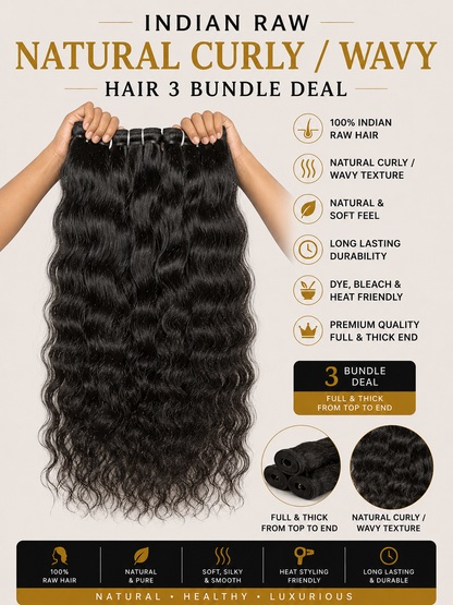 Indian raw curly human hair extensions from Gaurash Beauty Supply Inc, showing three bundled hair extensions with natural curl texture.