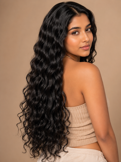 Long black loose curly hair bundle on model, thick curls over shoulder