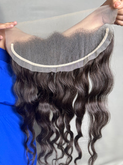 Indian virgin hair frontal extension from Gaurash Beauty Supply Inc, showcasing natural hairline and smooth, straight hair texture.