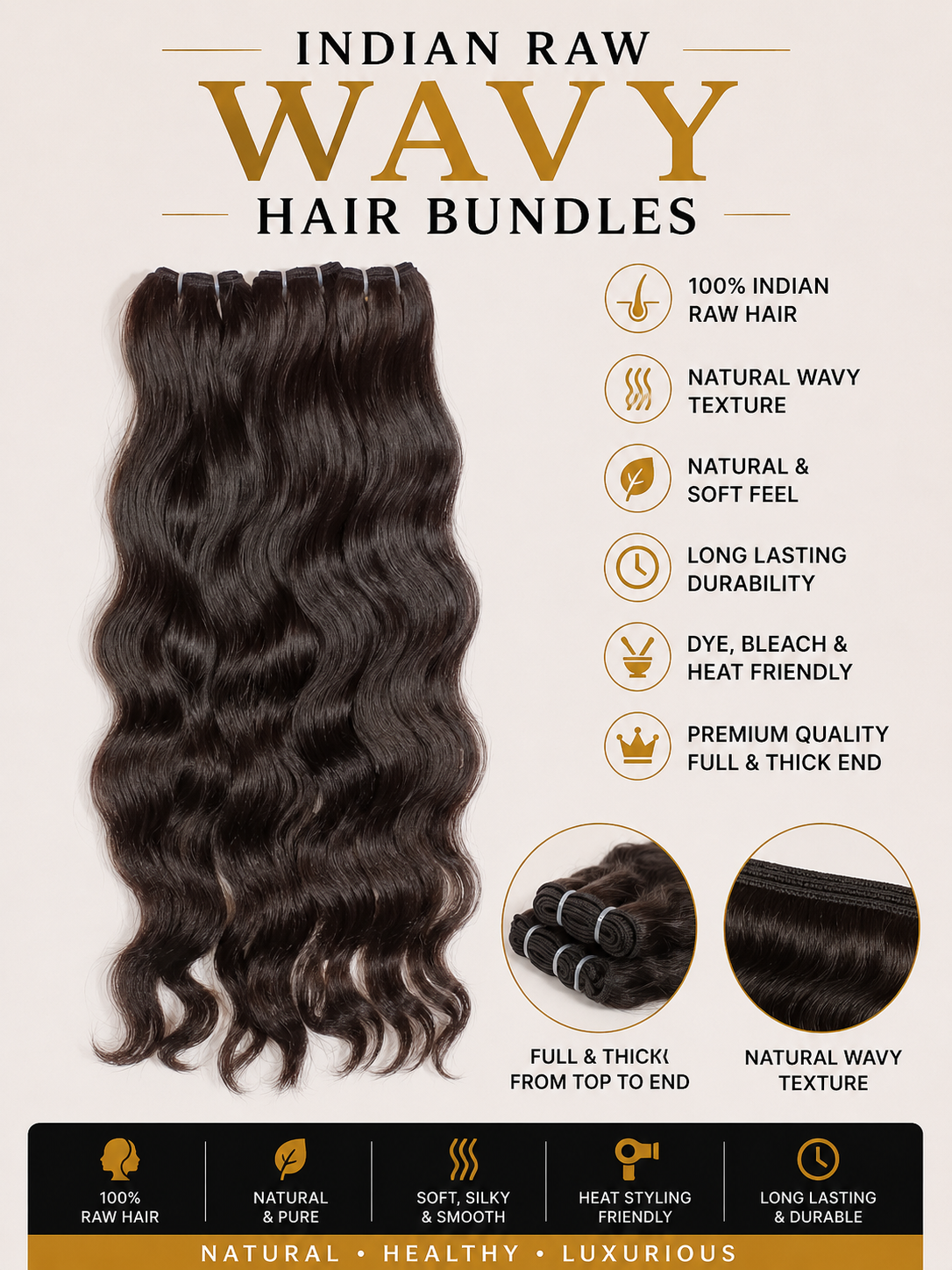 Indian raw wavy hair bundles from Gaurash Beauty Supply Inc, showcasing natural, shiny wavy hair extensions.