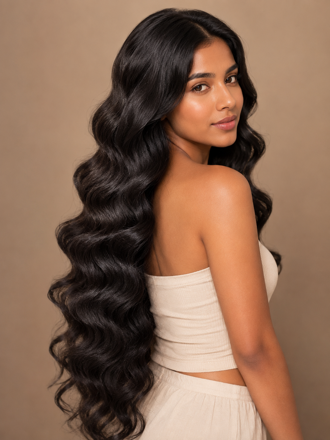 Indian Virgin Body Wave human hair extensions by Gaurash Beauty Supply Inc, showing soft, wavy hair bundles in natural color