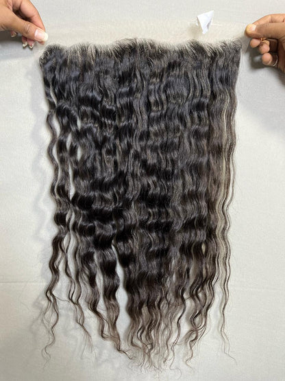 Indian virgin hair frontal from Gaurash Beauty Supply Inc, showing natural hair extensions with a lace frontal design.