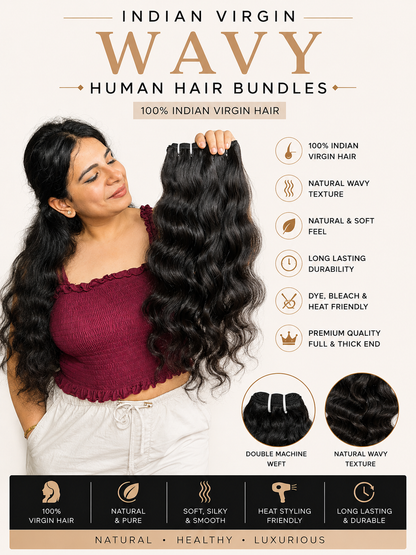 Indian virgin wavy hair extension bundles by Gaurash Beauty Supply Inc, showcasing soft, natural wavy hair bundles.