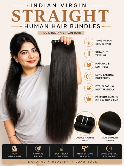 Indian virgin straight hair extension bundles by Gaurash Beauty Supply Inc, showing smooth, natural straight hair bundles.