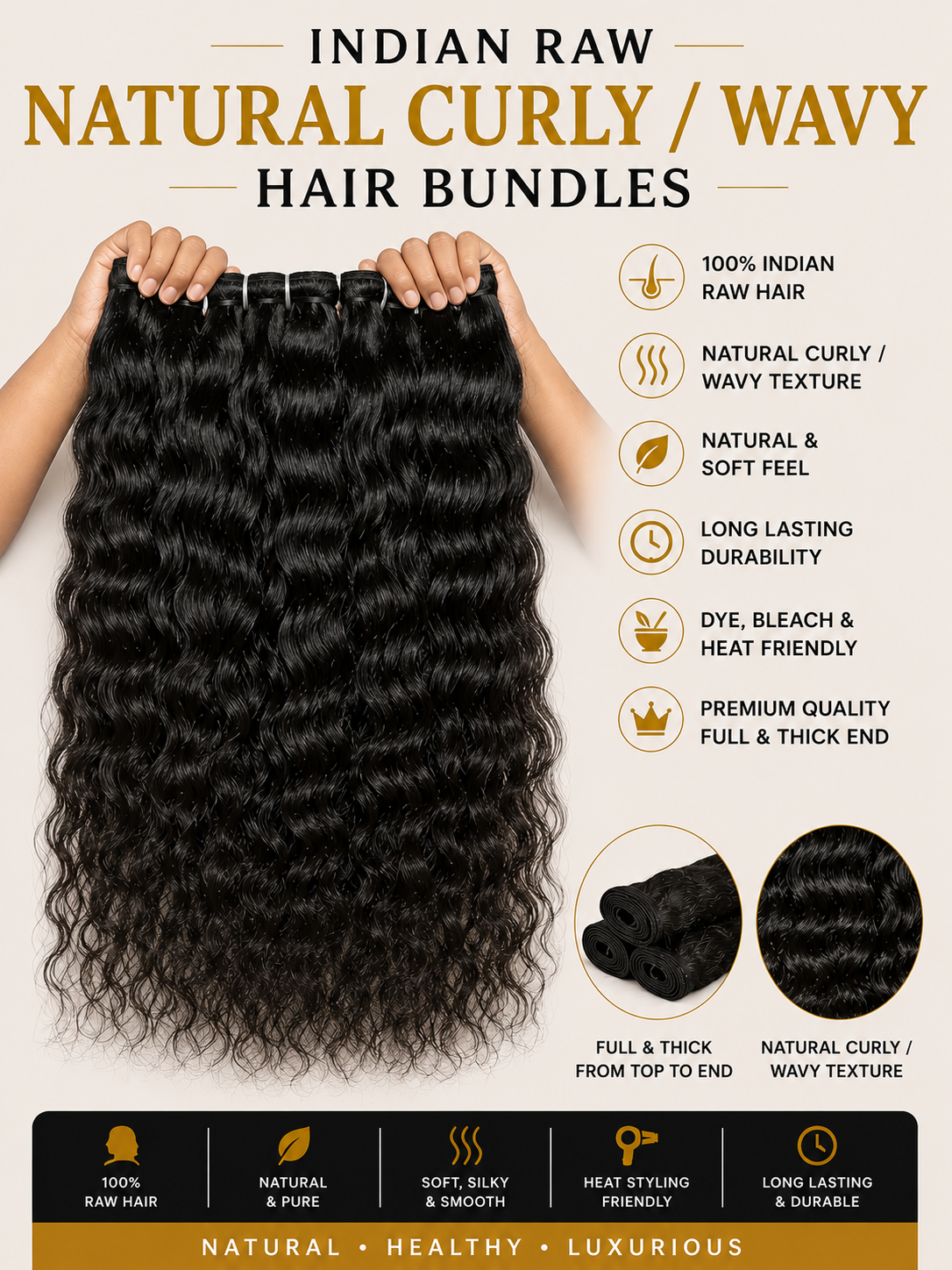 Indian raw curly human hair bundles from Gaurash Beauty Supply Inc, showing natural unprocessed curly hair extensions.